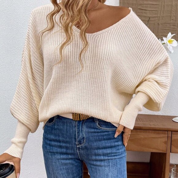 Apricot Casual Women's V-Neck Loose Fit Long Sleeve Sweater With Back Strap - Picture 6 of 6